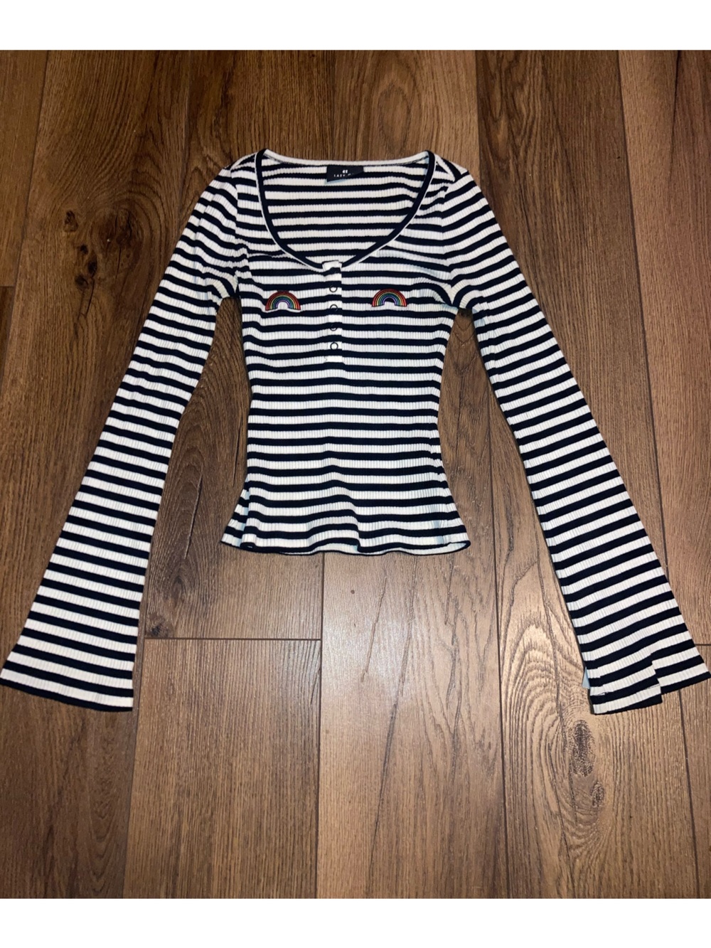 Lazy oaf Striped Long-Sleeve black and white with Rainbow Patches size s